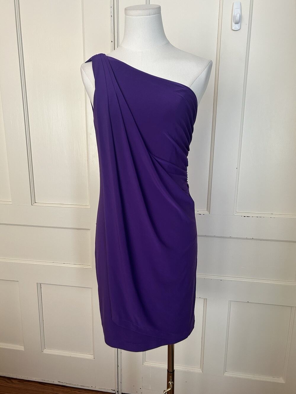 Lauren Ralph Lauren One Shoulder Ruched Mini Dress Womens Size 4 Purple Classic